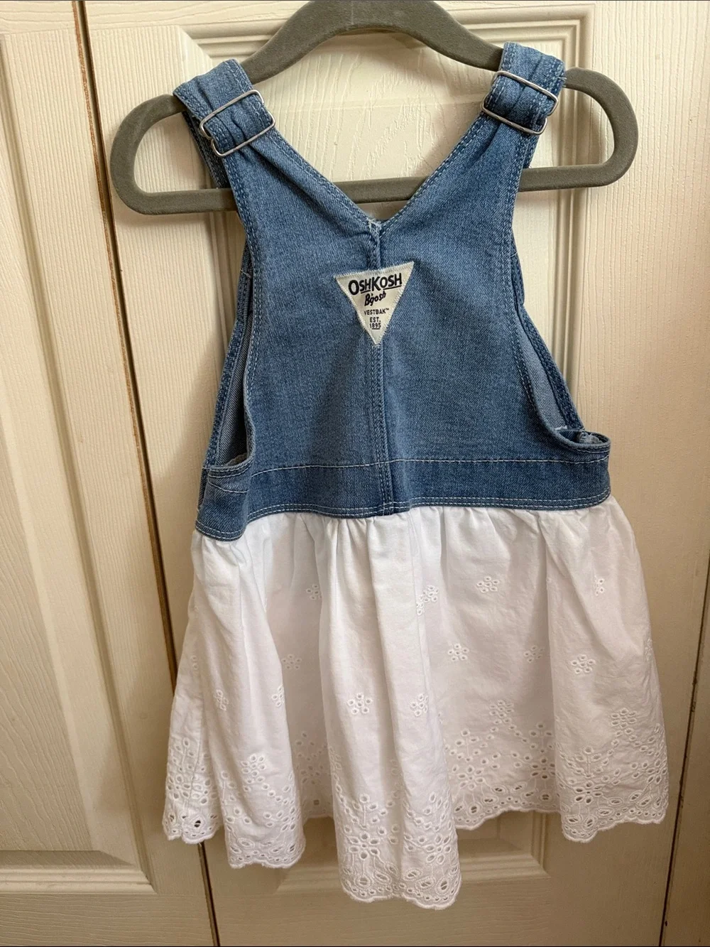 OshKosh B'gosh Blue Denim Jumper Dress with White Eyelet Skirt
